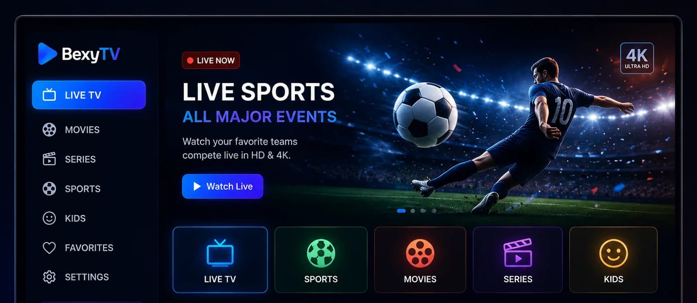 The BexyTV IPTV interface showing live sports, movies, series and kids categories